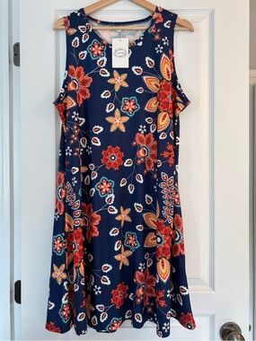 Navy Floral Sleeveless Dress - Vibrant Red & Yellow Print